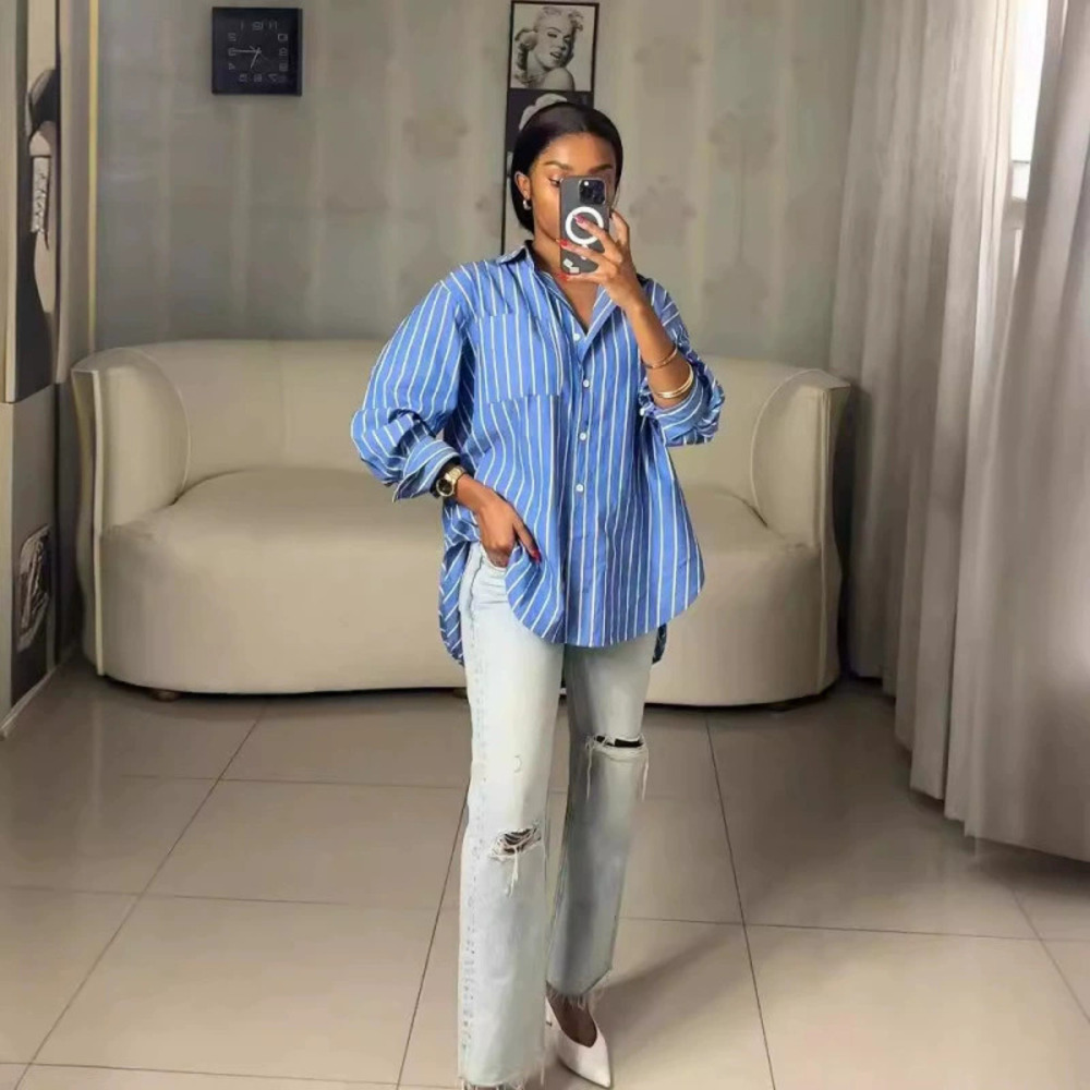 ZARA Spring Casual Blue White Striped Shirt Loose Fit Commuter Stylish Versatile